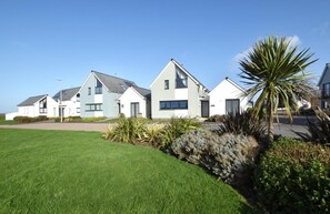 Una hilera de casas modernas con césped cuidado y una palmera.