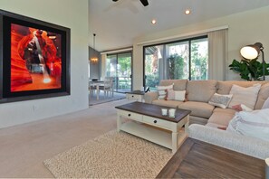 Smart TV, fireplace, DVD player, books