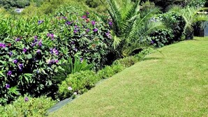 A lush garden with a variety of plants and flowers, a well-maintained lawn, and a view of distant mountains. - La Gaude, villa 6 people-garden-pool-open view in a quiet (La Gaude)