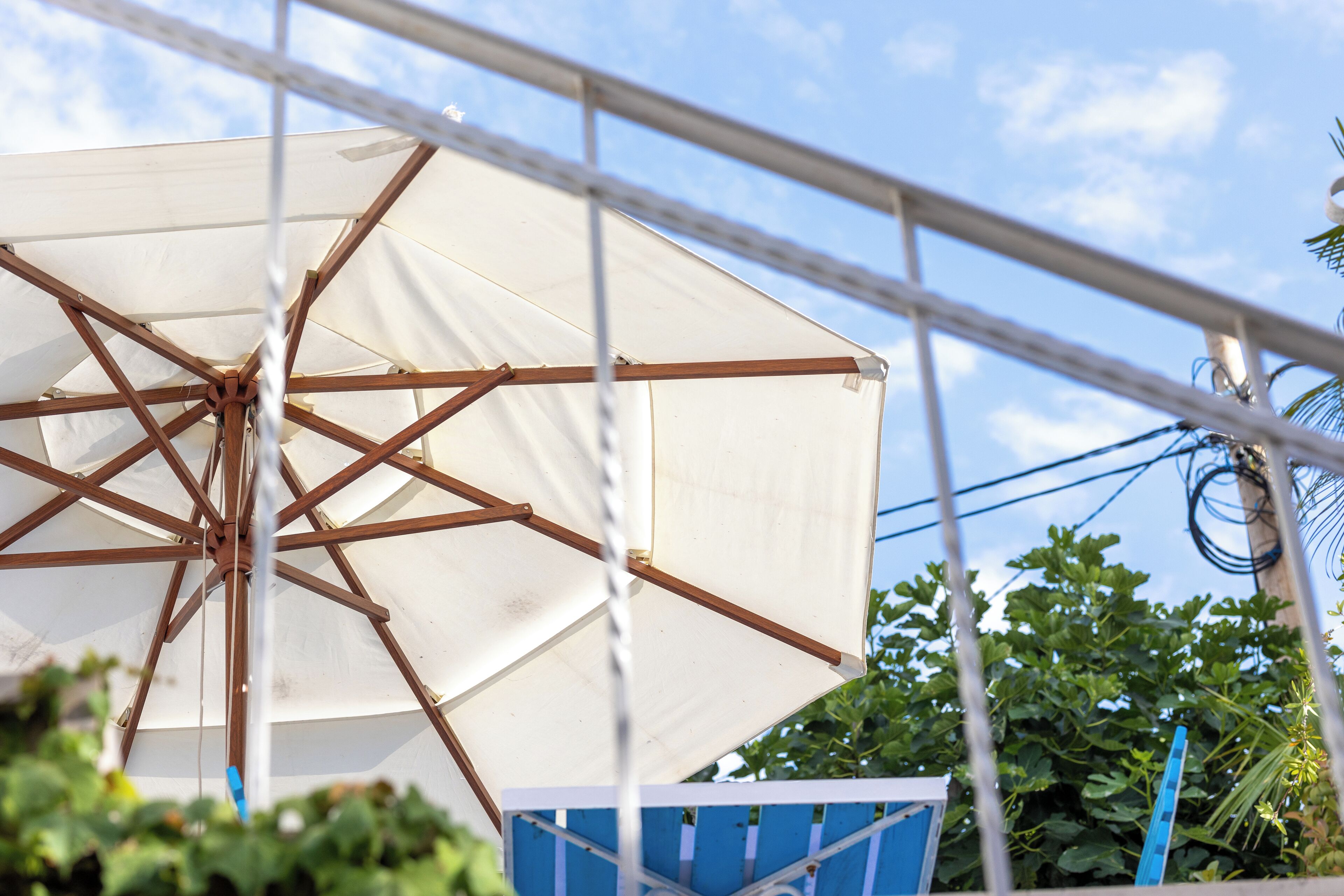A white umbrella with a wooden frame, set against a backdrop of greenery and a clear sky.