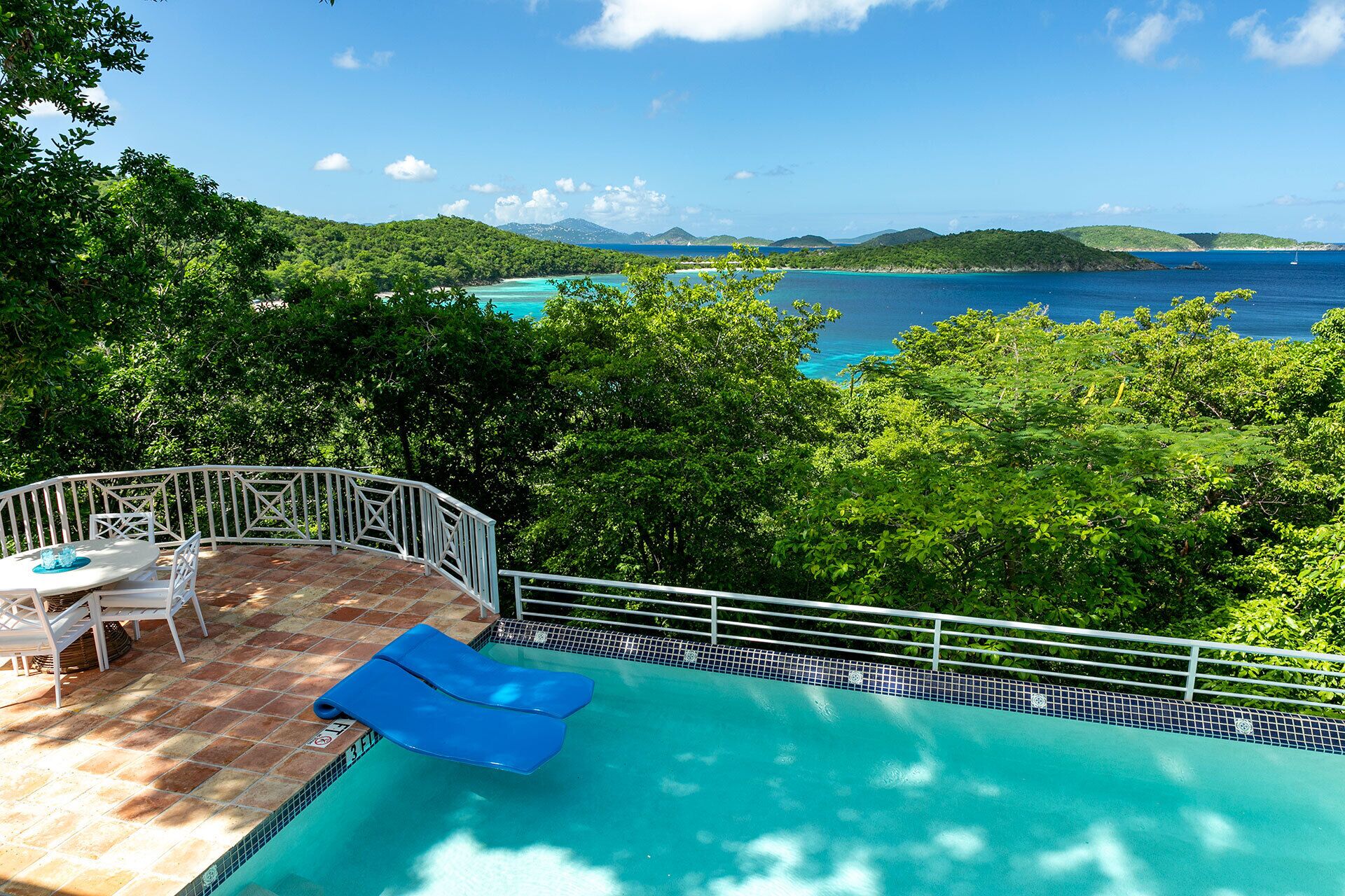 A pool with a view of the ocean, surrounded by lush greenery.