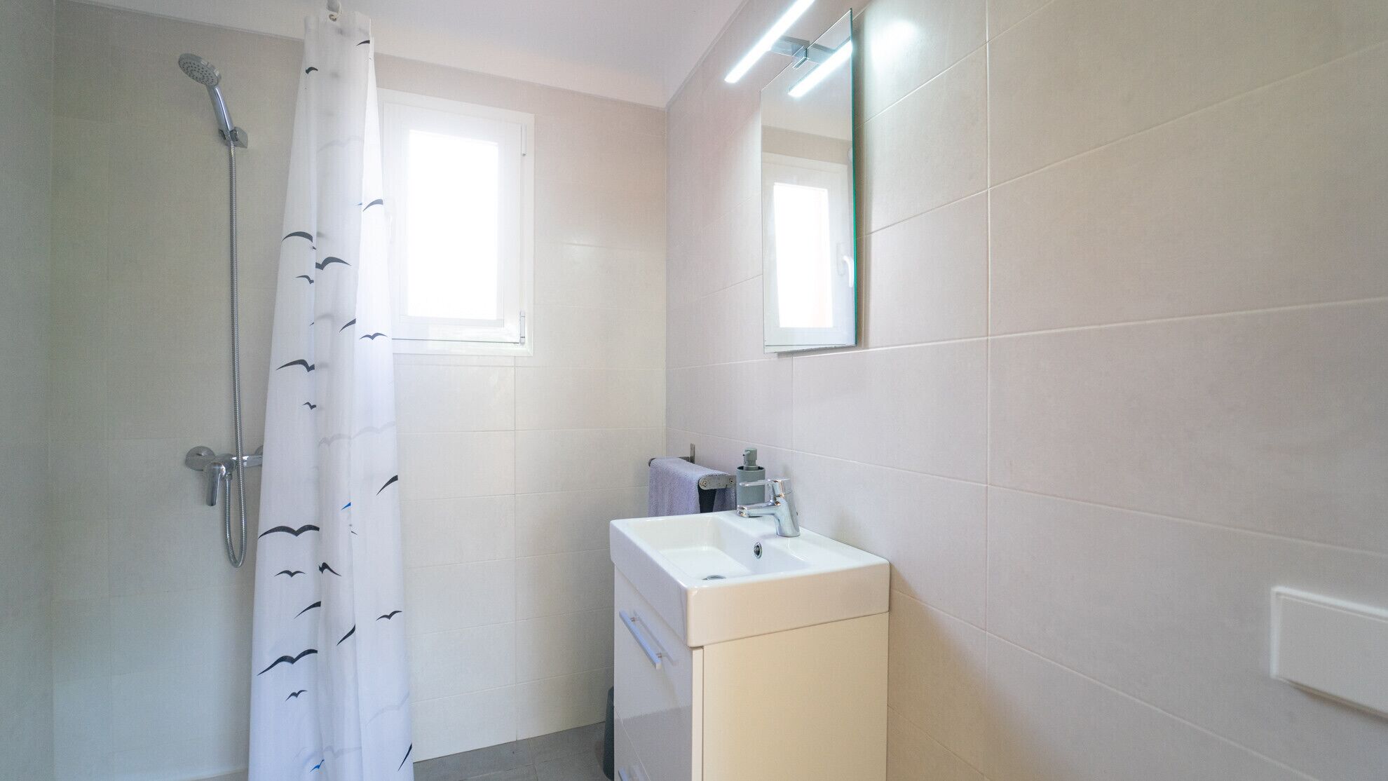 A bathroom with a shower, a sink, and a mirror.