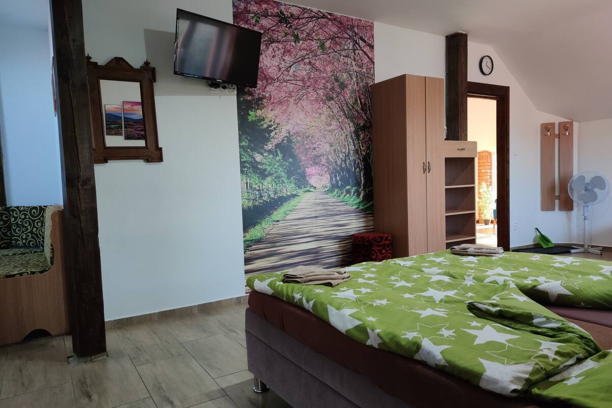 Een slaapkamer met een bed, een aan de muur bevestigde televisie, een groot bloemenkunstwerk, een houten garderobe en een deur naar een andere kamer.