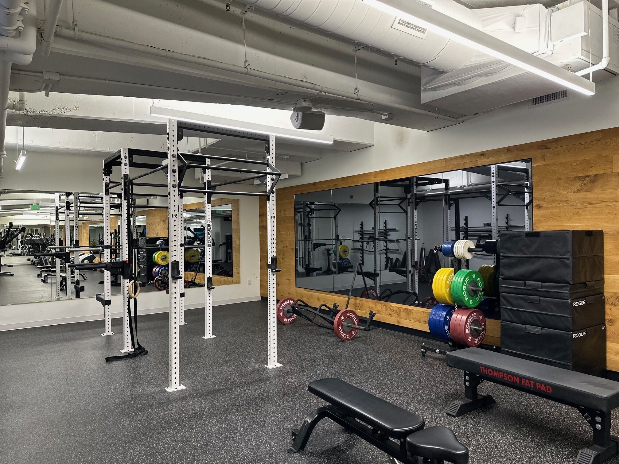 Ein Fitnessstudio mit Gewichten, Spiegeln und einer Trainingsbank.