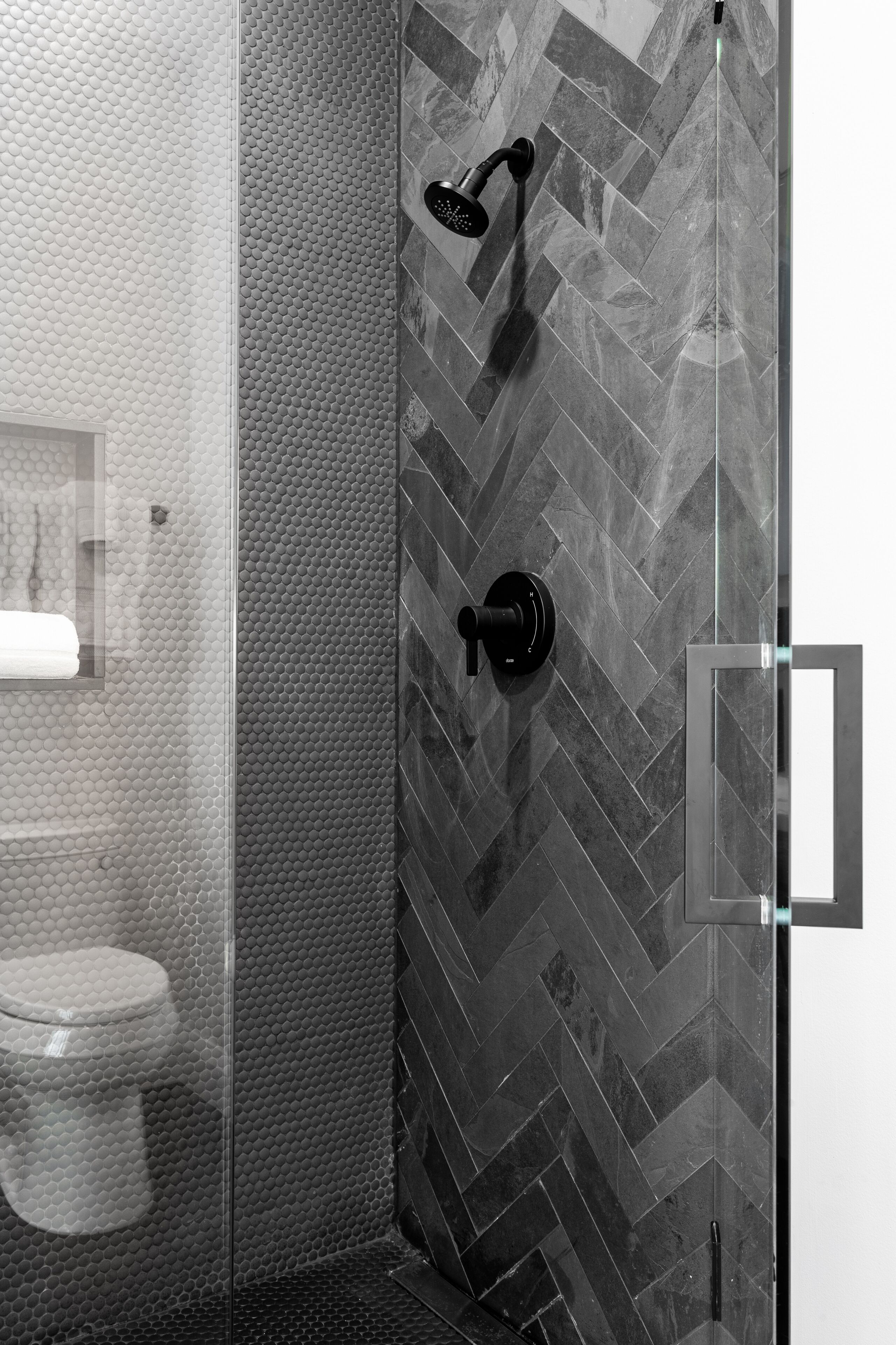 A modern bathroom with a glass shower enclosure, a toilet, and a sink with a mirror.