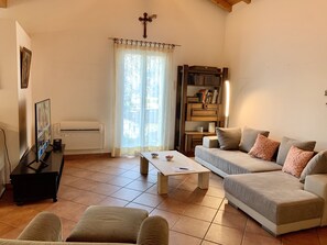 TV connectée, cheminée, livres, imprimantes