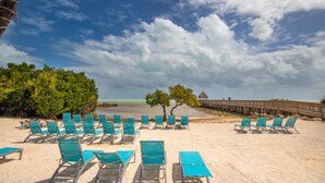 A beach with rows of blue lounge chairs and a wooden pier extending into the water. - Oceanfront Views at Ocean Pointe + Pool + Beach & Marina Access, Updated 2BR (Tavernier)