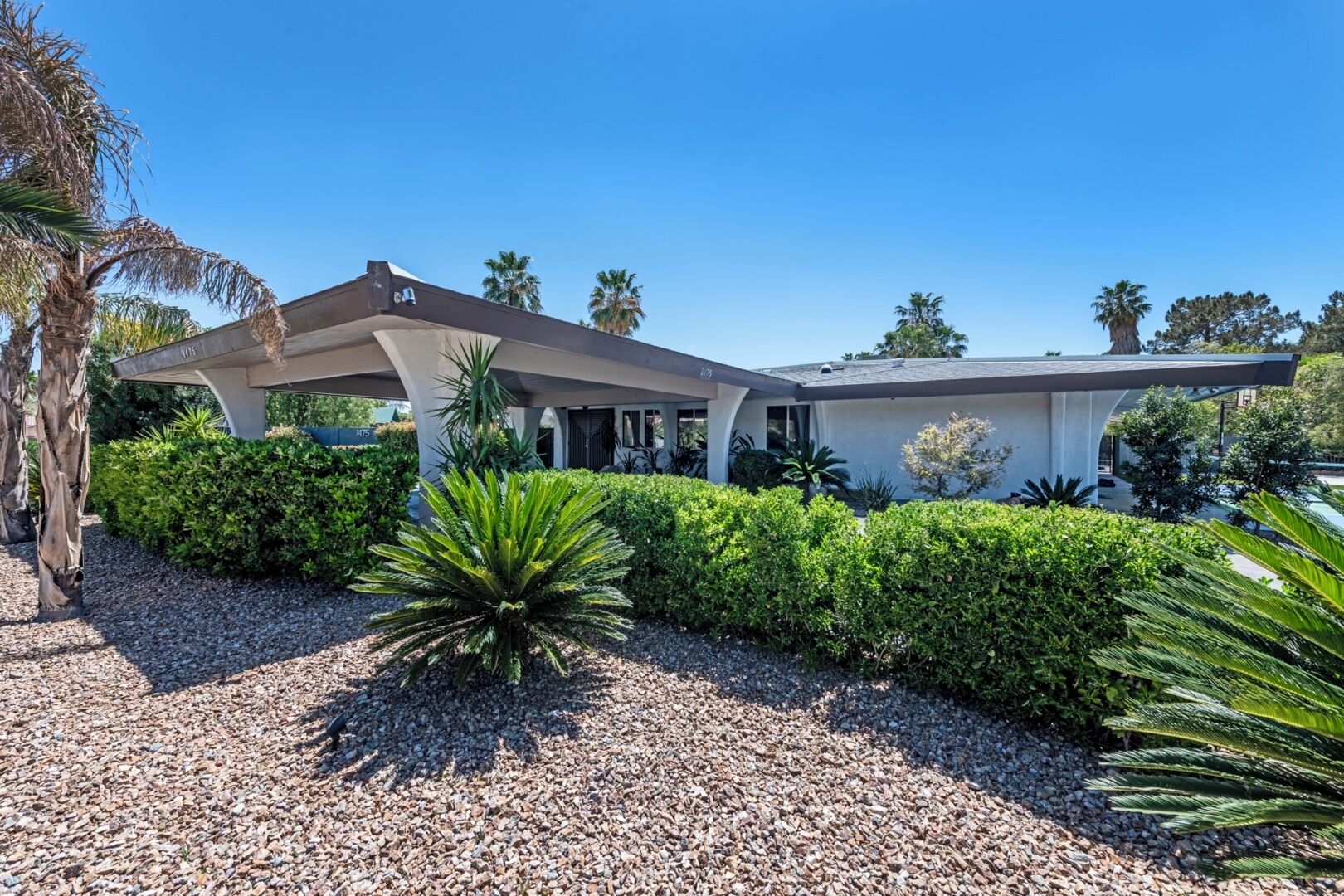 A modern house with a sloped roof, covered patio, and a well-maintained garden with gravel and various plants.