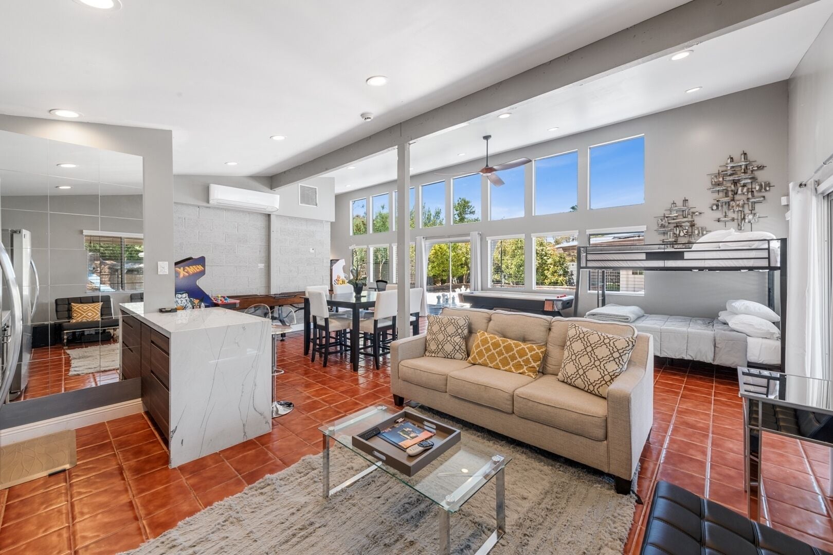 Smart TV, fireplace, video games, DVD player