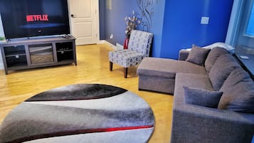 Smart TV, fireplace, Netflix, books