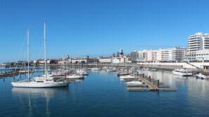 Un port de plaisance où sont amarrés de nombreux bateaux, une promenade en bord de mer et des bâtiments en arrière-plan.