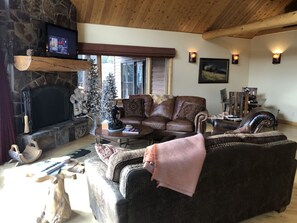 Smart TV, fireplace, DVD player, books