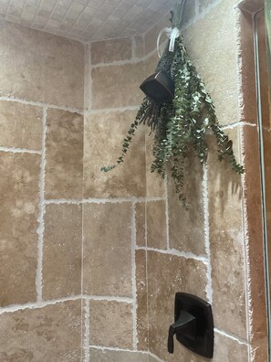 Jetted bath, hair dryer, towels, soap