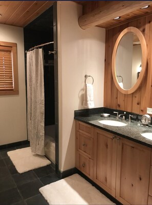 Jetted tub, hair dryer, towels, soap