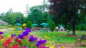 A garden with colorful flowers, green umbrellas, and neatly trimmed hedges. - Golden Apple Inn (Glen)