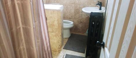 Un bagno piccolo con il water, un lavandino e una tenda da doccia.