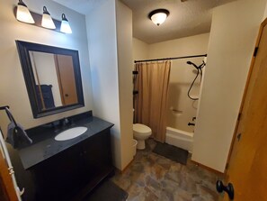 Combined shower/tub, hair dryer, towels