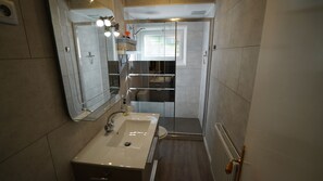 Shower, hair dryer, soap, toilet paper