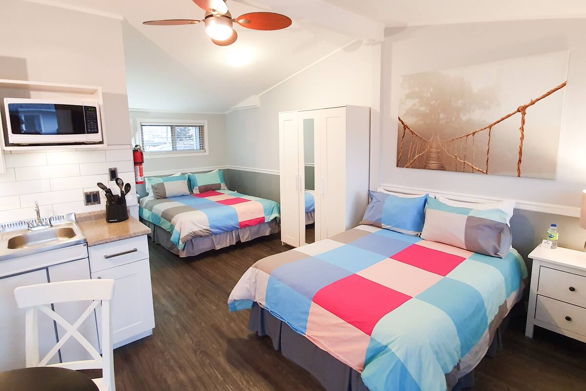 Un dormitorio con dos camas, ventilador de techo, microondas, lavabo y un cuadro en la pared.