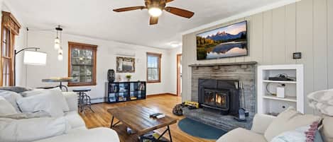 Smart TV, fireplace, books