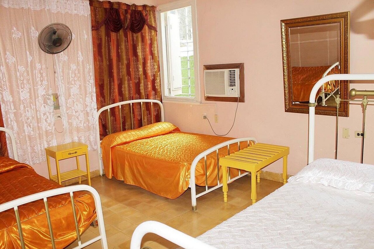 Ein Zimmer mit zwei Betten, einem fensterbelaubten Fenster, einem Ventilator, einer Klimaanlage und einem Spiegel an der Wand.