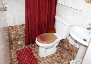 A bathroom with a toilet, sink, and red shower curtain.