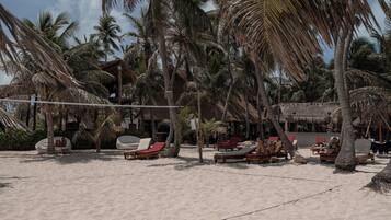 Una playa con sillas de descanso y palmeras.