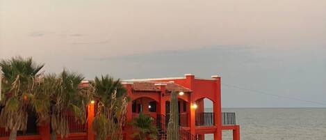 A building with a red facade, palm trees, and a cactus in a planter.
