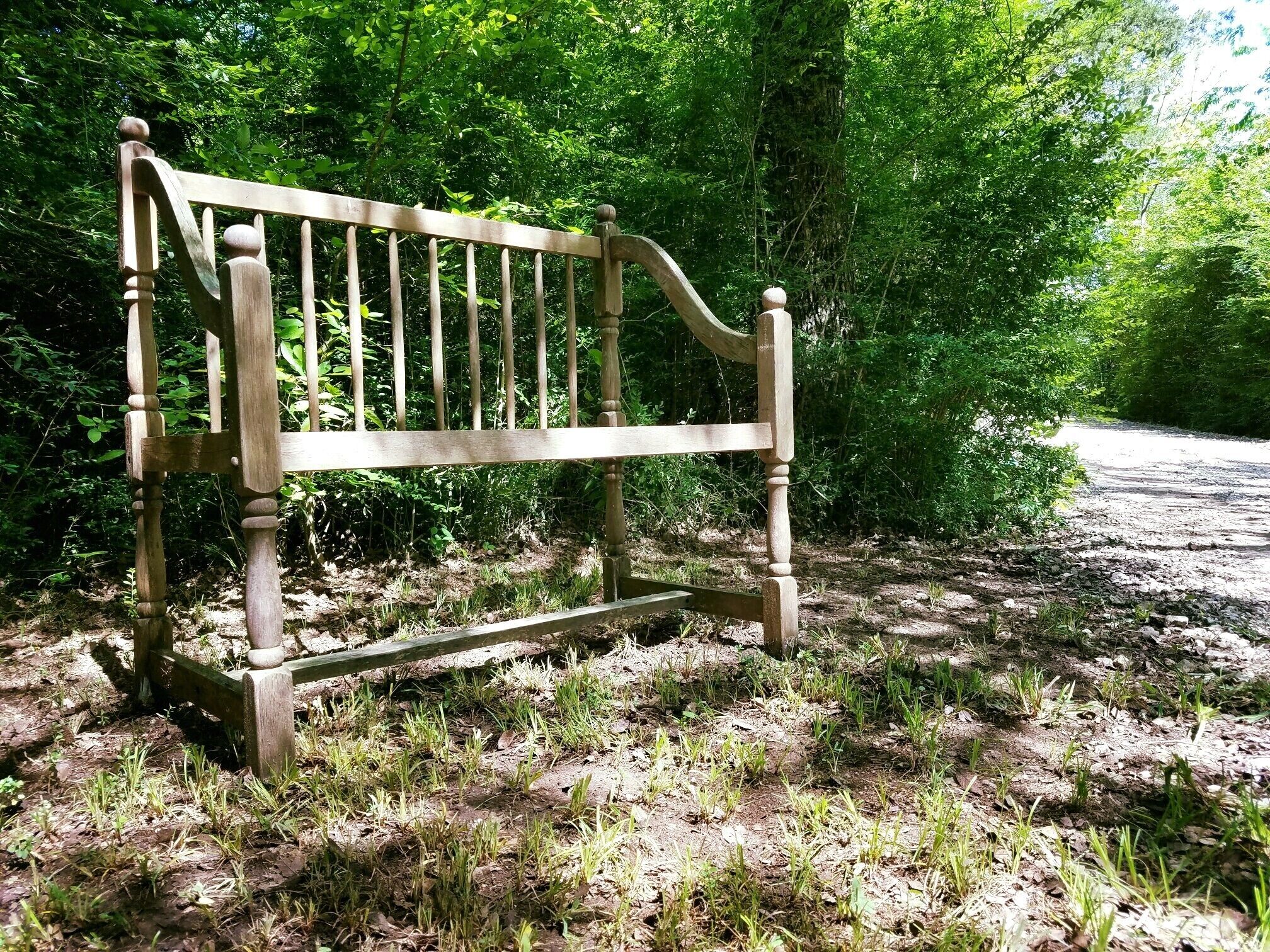 A wooden bench in a natural setting with dense greenery and a dirt path.