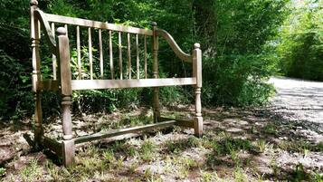 A wooden bench in a natural setting with dense greenery and a dirt path.