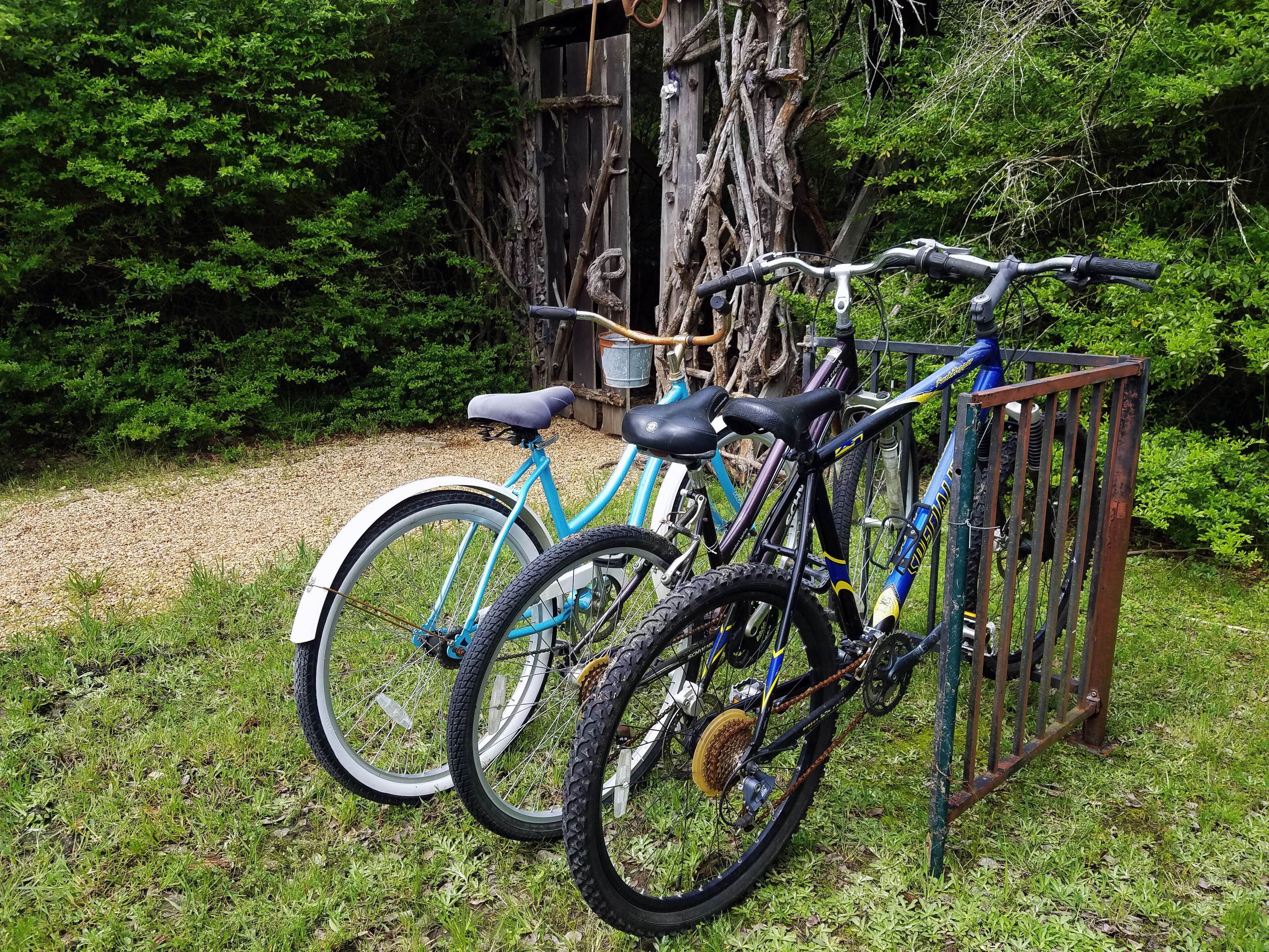 A bicycle rack with two bicycles parked, surrounded by greenery and a wooden structure.