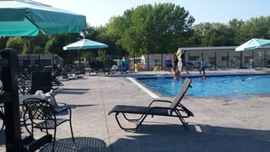 A swimming pool area with lounge chairs and umbrellas. - Great Blue Resorts - Cherry Beach Resort (Prince Edward)