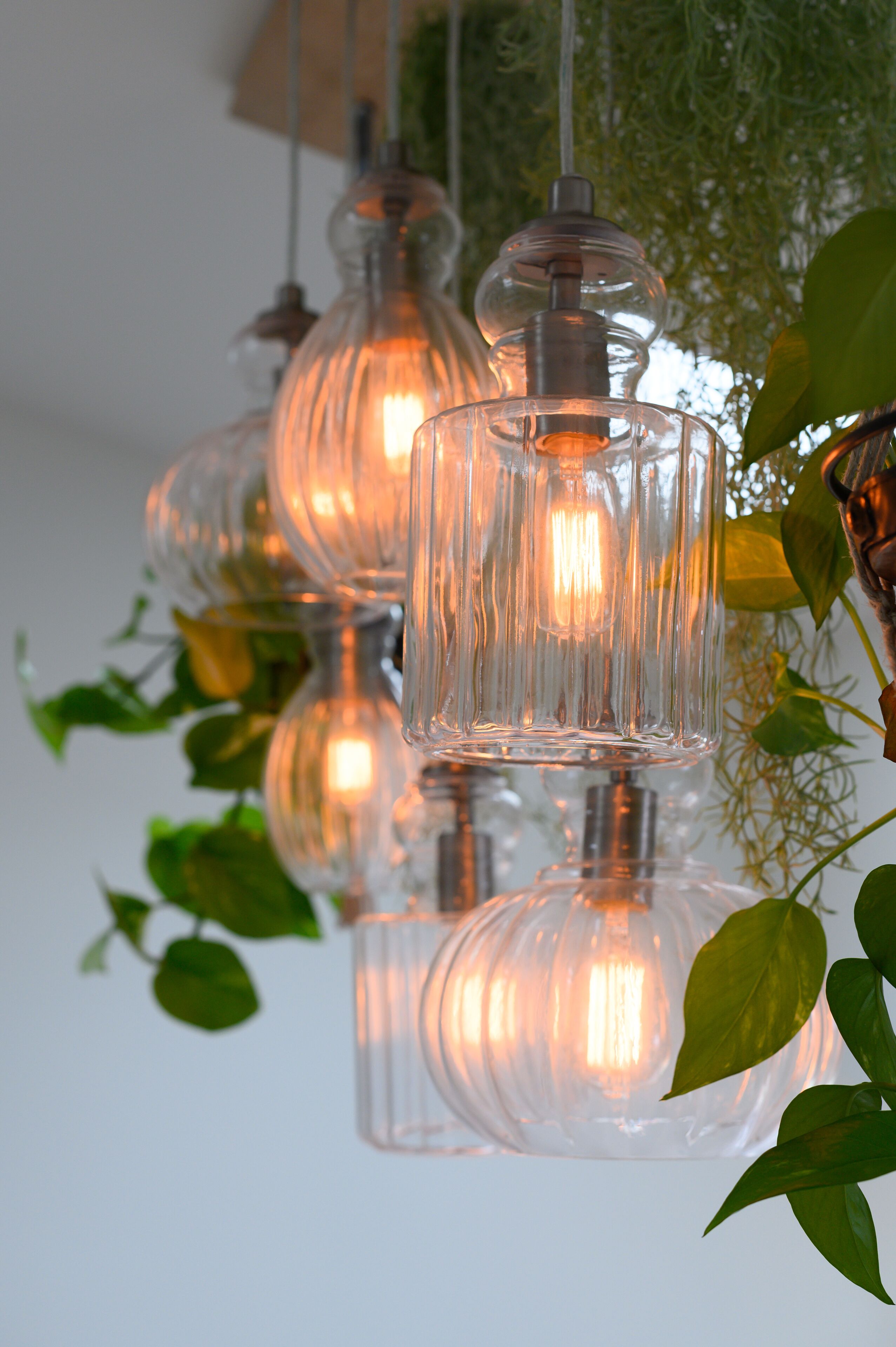 A series of clear glass pendant lights with visible bulbs, hanging against a neutral background.