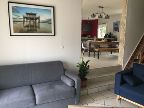 Smart TV, chimenea, libros y estéreo 