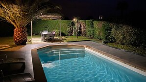 Ein Swimmingpool mit einer Palme und Gartenmöbeln.