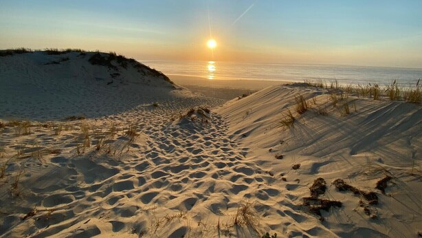 Ein Strand mit Dünen und einem Sonnenuntergang.