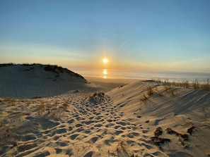 A beach with sand dunes and a sunset.