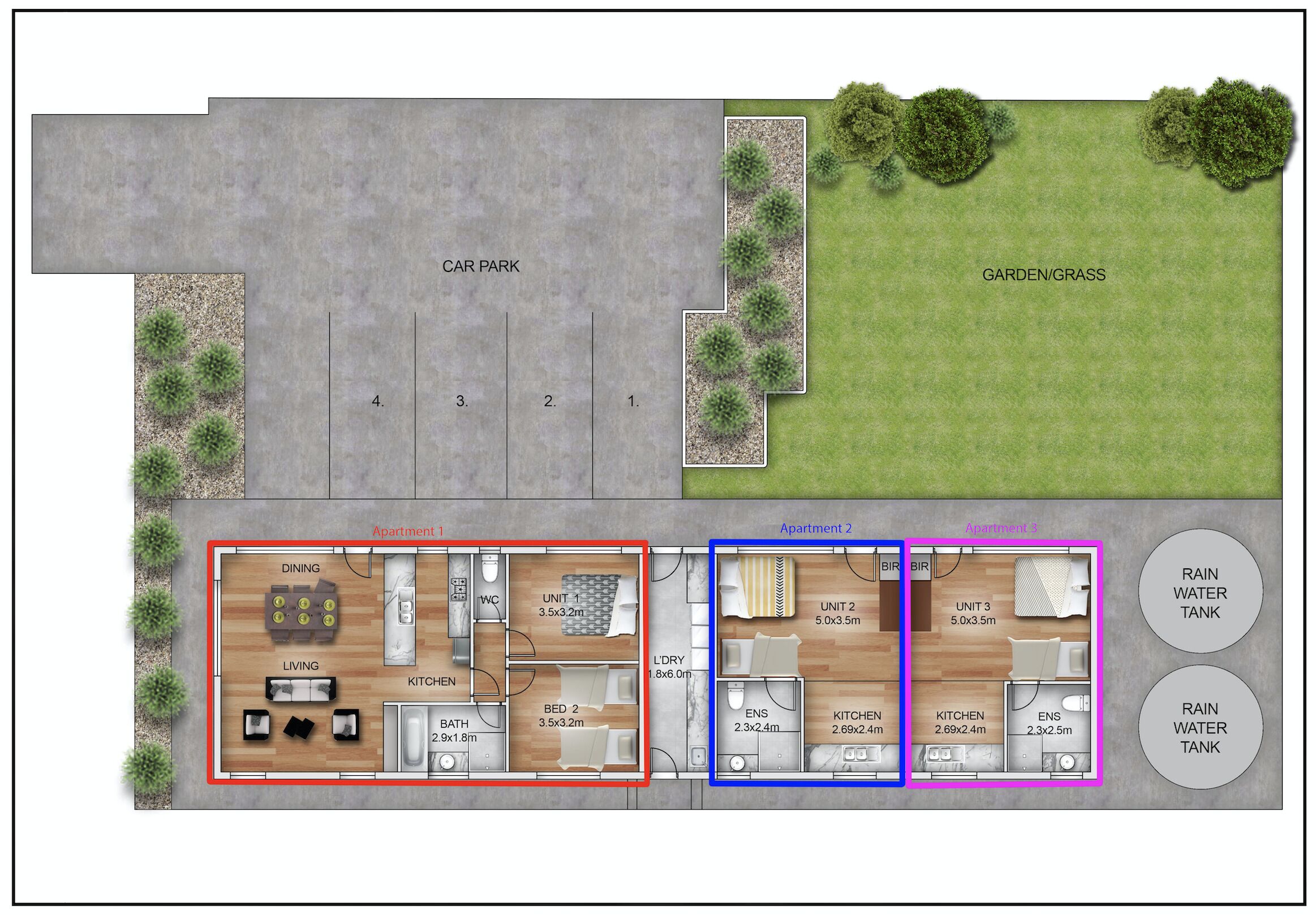 A floor plan of a residential building with two apartments, each with a dining area, kitchen, living room, and bedrooms. A car park and garden are also visible.