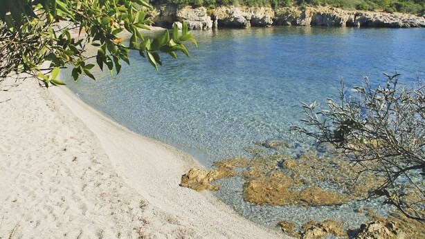 A clear coastal beach with rocky outcrops and dense greenery.