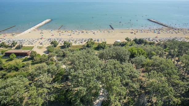 Una playa con numerosos sombrillas, gente, un muelle y un edificio en primer plano.
