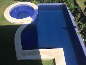 Une piscine au design original, entourée de pelouse et de plantes.