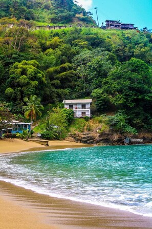 A beachfront property with a two-story house, a sandy beach, and dense greenery. - Serene, breathtaking beauty, friendly environment. (Parlatuvier)
