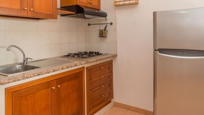 Une cuisine avec des meubles de rangement en bois, un évier en acier inoxydable, une cuisinière à gaz et un réfrigérateur.