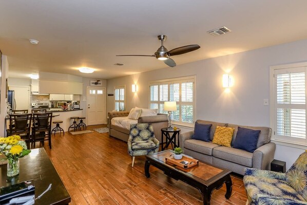 Televisie, een open haard, een videogameconsole en Netflix