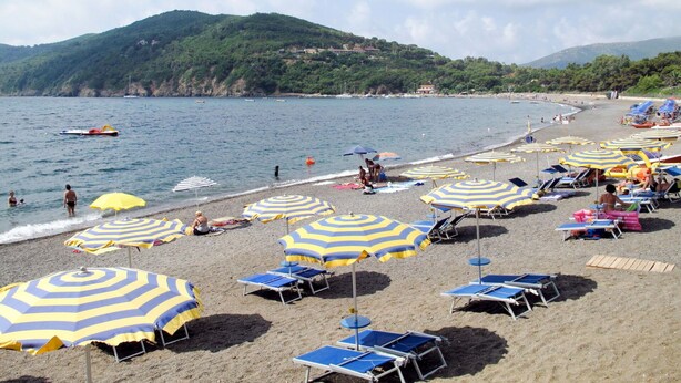 Une plage dotée de nombreux parasols et de chaises longues, une rive sablonneuse, et une vue sur la mer et les collines en arrière-plan.