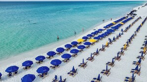 Una playa con hileras de sombrillas azules y amarillas y sillas de playa.