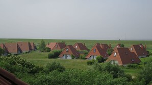 Een rij traditionele huizen met rode dakpannen, gelegen in een groen veld met een vlakke horizon.