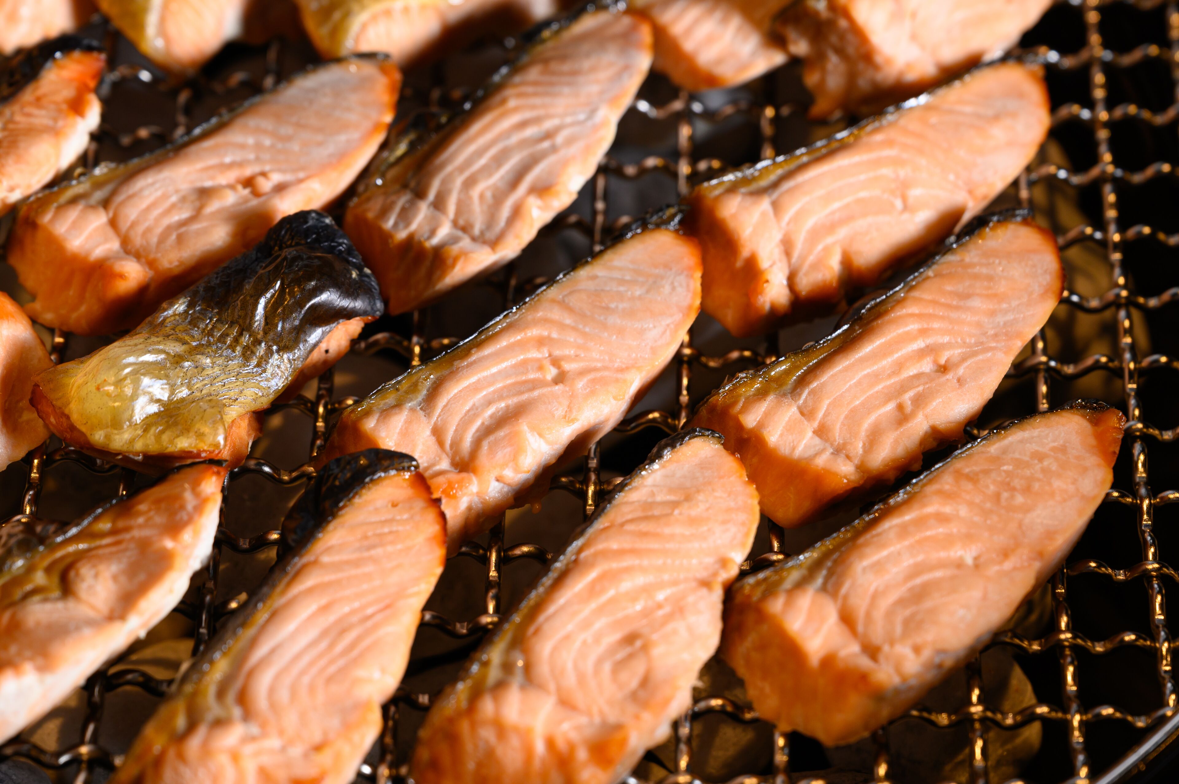 Filetes de salmón a la parrilla sobre una rejilla.