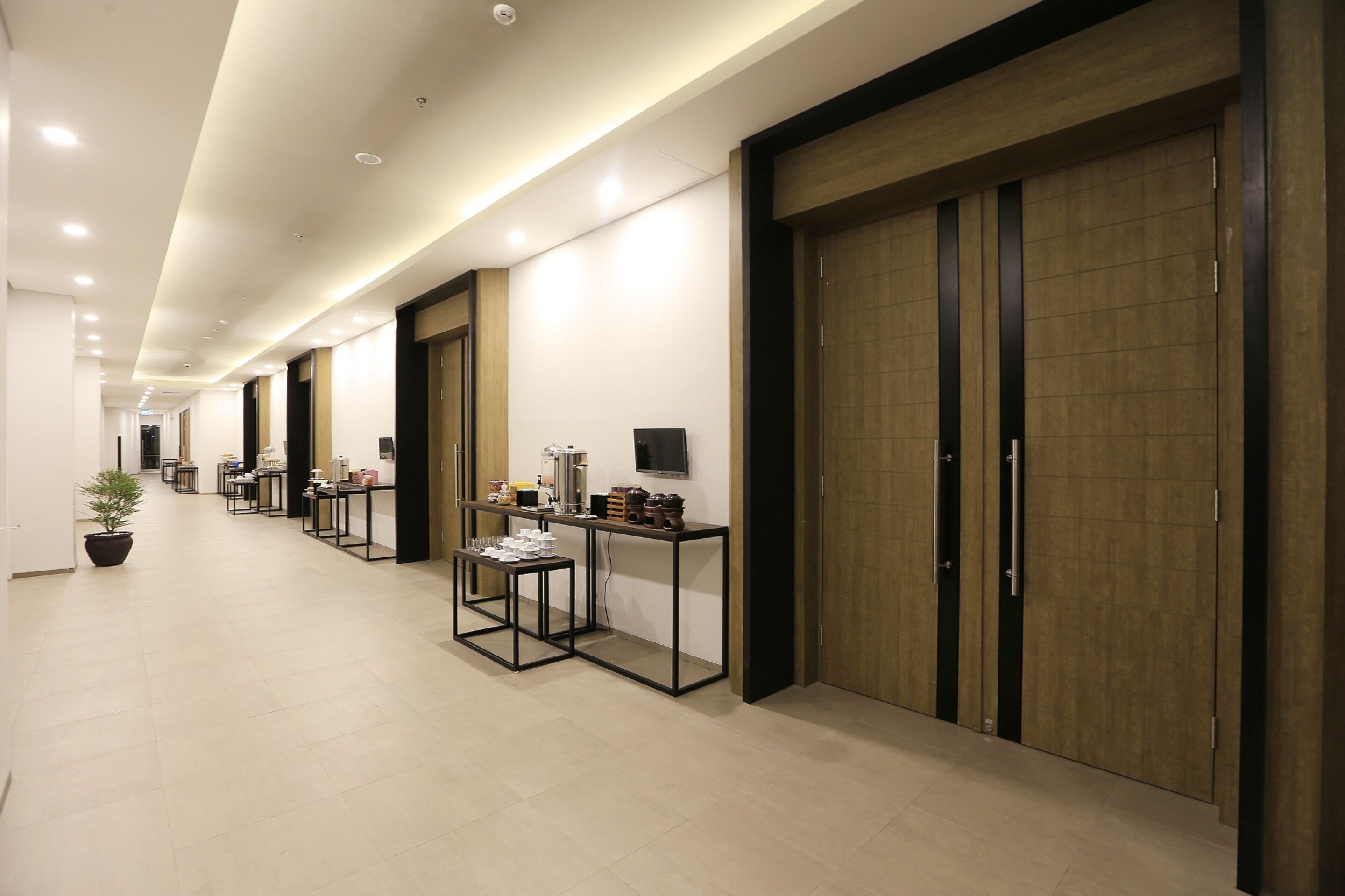 A hotel corridor with wooden doors, a reception desk, and a potted plant.