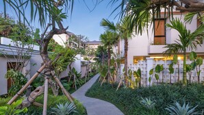 A garden pathway leading to a building with a white facade and a palm tree.